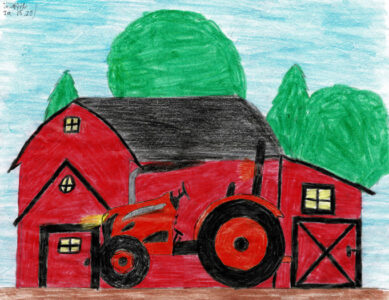 child's drawing of a red tractor in front of a red barn